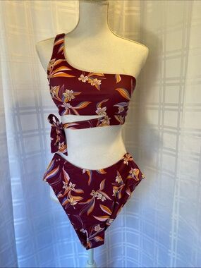 Floral Print Two Piece Bikini One Shoulder Top Side Tie High Rise Cut Bottoms S